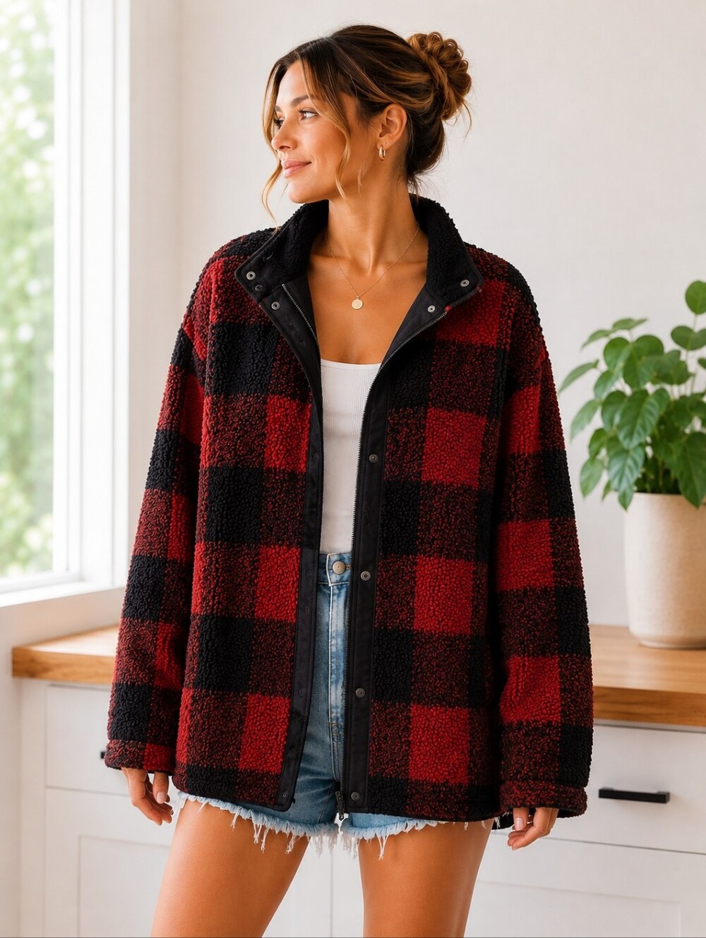 Old Navy Red and Black Buffalo Plaid Sherpa Shacket Coat